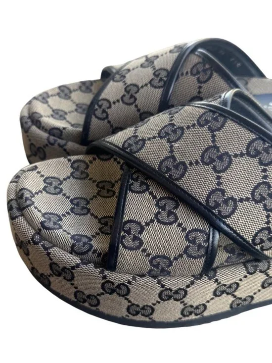 Gucci GG Canvas Platform Sandals Beige/Black Womens Size 36 Made In Italy - Picture 12 of 15